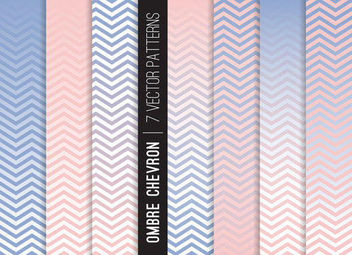 Pink Blue Ombre Chevron Vector Patterns. Gradient Fade Texture Dip Dye Style. Gender Reveal Party Decor. Zigzag Stripes Blending into Solid Color. Horizontally Seamless Pattern Tile Swatches Included