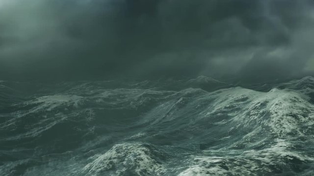 Stormy Ocean with dark cloudy sky and fog, digital animation