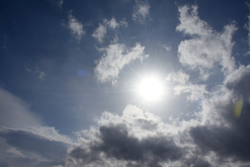 眩しい太陽と青空と雲「空想・雲のモンスター」太陽の恵み,恩恵,紫外線,スキンケア,日焼け,日光浴,熱いなどのイメージ