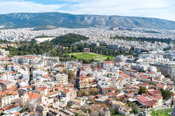 Fototapeta na wymiar View of temple of Olympian Zeus and Athens, view from Acropolis hill.