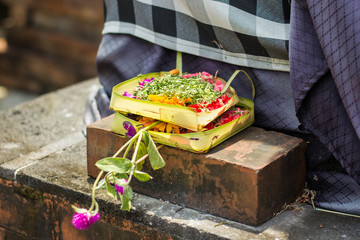 Offerings to Gods near hinduism temple in Bali, Indonesia