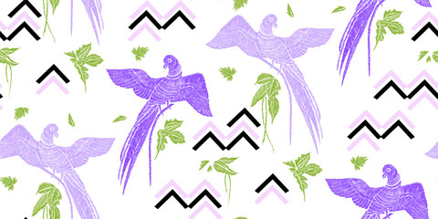 Parrots with tropical leaves seamless background pattern. Vector illustration hand drawn. Embroidery design.