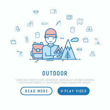 Outdoor concept: traveller with backpack in mountains. Thin line icons: uncle boots, kettle, axe, map, swiss knife, canoe, camera, fishing rod, binoculars. Vector illustration, web page template.