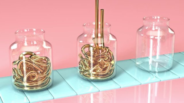 The glass jars on moving conveyor belt are filling up with long elastic golden jelly tubes. Funny abstract motion graphics in trendy colors and style. Seamless looping animation, 3D render..