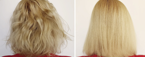 Hair woman before and after straightening