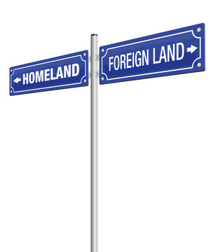 HOMELAND and FOREIGN LAND, written on two signposts. Symbol for emigration, flight, expulsion, banishment, exile, exodus and homesickness - isolated vector illustration on white background.