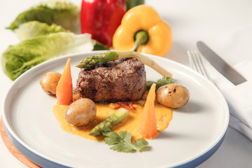 Delicious Grilled steak with steamed vegetables