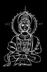 Black and white illustration of the Indian Hanuman deity. Chalk on a blackboard. Chalk on a blackboard