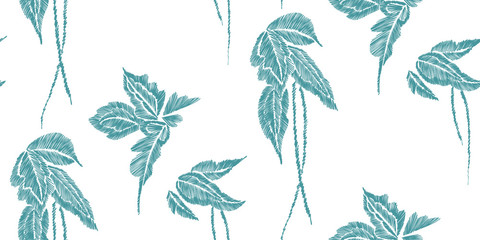 Tropical leaves seamless background pattern. Vector illustration hand drawn. Embroidery design.