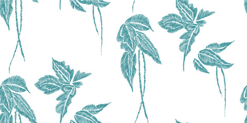 Tropical leaves seamless background pattern. Vector illustration hand drawn. Embroidery design.