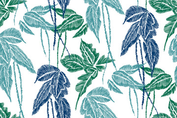 Tropical leaves seamless background pattern. Vector illustration hand drawn. Embroidery design.