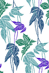 Tropical leaves seamless background pattern. Vector illustration hand drawn. Embroidery design.