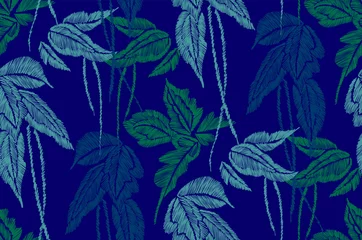 Stickers pour porte Bleu foncé Motif de fond sans couture de feuilles tropicales. Illustration vectorielle dessinée à la main. Conception de broderie.
