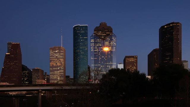 Timelapse at twilight of the Houston, Texas city center 4K