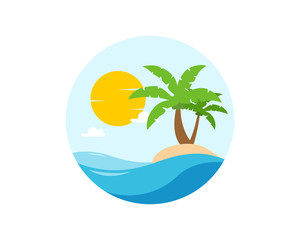 Holiday Beach Travel Vocation Logo Icon and a beauty island with sunrise sunset 