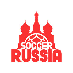 Vector icon label football ball and moscow cathedral with lettering soccer russia