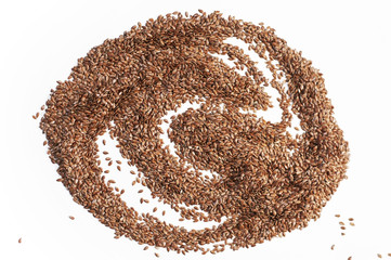 Seeds of flax are beautifully laid out with a careless man on a white background. The concept of healthy food