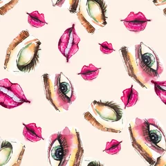 Tapeten Aquarell schönes Muster mit Make-up, Augen und Lippen © Jane Lane