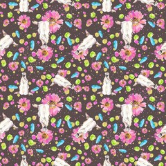 Watercolor natural seamless pattern, flowers and petals and cow skull