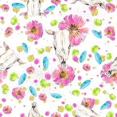 Gordijnen Waterverf natuurlijk naadloos patroon, bloemen en bloemblaadjes en koeschedel © Jane Lane