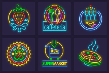 Set of neon signs icons. Signboards for cafe, restaurant, bar.