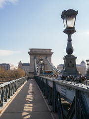 Chain Bridge over the Danube with a bus in Budapest, Hungary