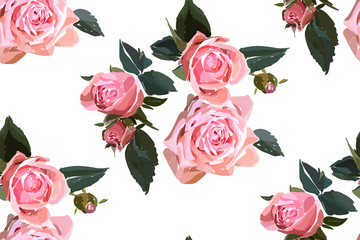Nahtloses mit Blumenhintergrundmuster. Aquarell rosa Gartenrosen im handgezeichneten Stil. Elegante Blumen, Vektorillustration für Textil, Packpapier, Hochzeitskarte.