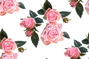 Wallpaper murals Roses Floral seamless background pattern. Watercolor pink garden roses in hand drawn style. Elegant flowers, vector illustration for textile, wrapping paper, wedding card.