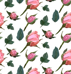 Floral seamless background pattern. Watercolor pink garden roses in hand drawn style. Elegant flowers, vector illustration for textile, wrapping paper, wedding card.