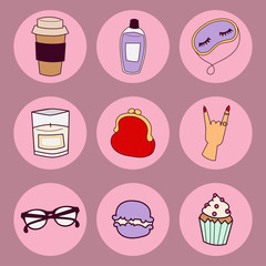Girl fashion accessories casual woman style shopping items and beautiful cosmetic or makeup tools vector illustration.