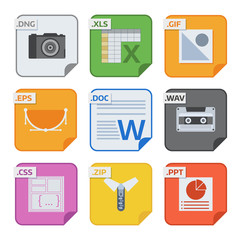 File types vector icons and formats labels file system icons presentation document symbol application software folder illustration. Archive, illustration. picture image, print