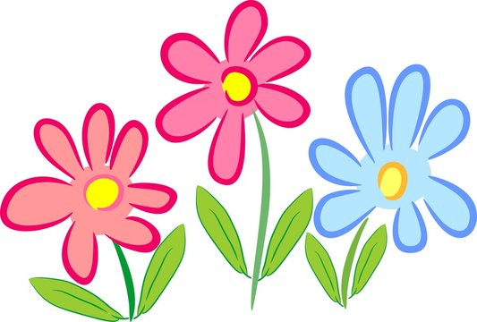 Three stylized flowers with pink and blue petals and green leaves