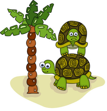 Two turtles with palm tree on tropical landscape