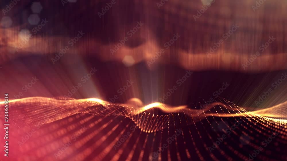 Poster 3d loop animation as science fiction background of glowing particles with depth of field and bokeh f