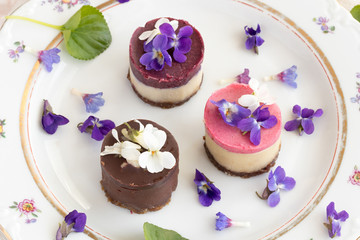 Raw vegan desserts on a plate with violet flowers