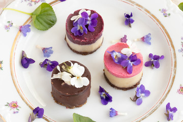 Obraz na płótnie Canvas Raw vegan desserts on a plate with violet flowers