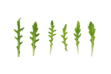 top view of rocket rukola salad on white background