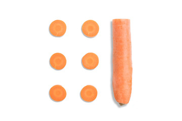top view of sliced carrot on white background, stringed and arranged in a geometric,orderly fashion in rows