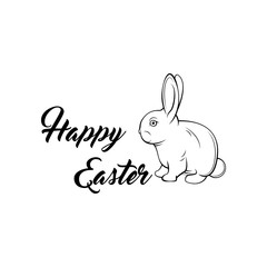 Greeting card with with white Easter rabbit. Funny bunny.  illustration.