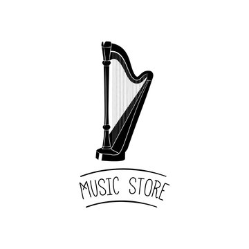 Harp music instrument. Music store logo.  illustration.