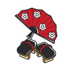 Japanese fan with floral pattern and traditional flip-flopes