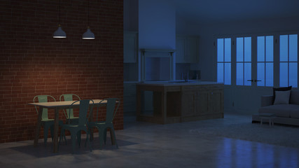 Modern interior of a country house. Night. Evening lighting.3D rendering.