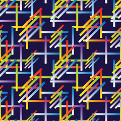 Geometric, abstract seamless pattern. Bright neon. stripes on a blue background. Texture for fabric and backgrounds. Vector illustration.