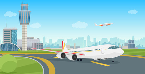 Airport Terminal building with aircraft airplane taking off. Vector airport landscape.