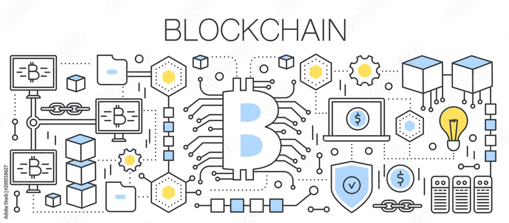 Poster bitcoin, cryptocurrency and blockchain technology. bitcoin sign connected to a global network. flat 