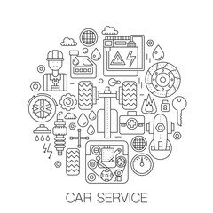 Fototapeta na wymiar Car service in circle - concept line illustration for cover, emblem, badge. Car repairing service thin line stroke icons set.