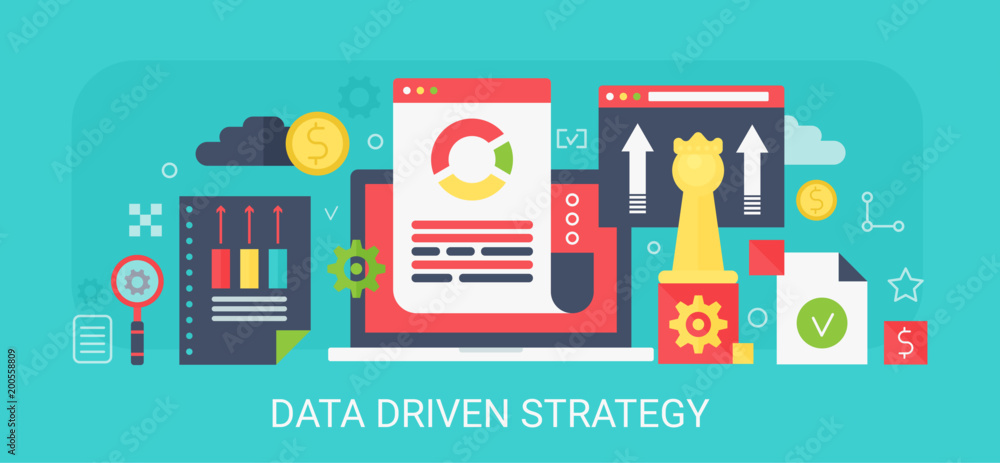 Aufkleber Flat modern vector concept Data Driven Strategy banner with icons and text.