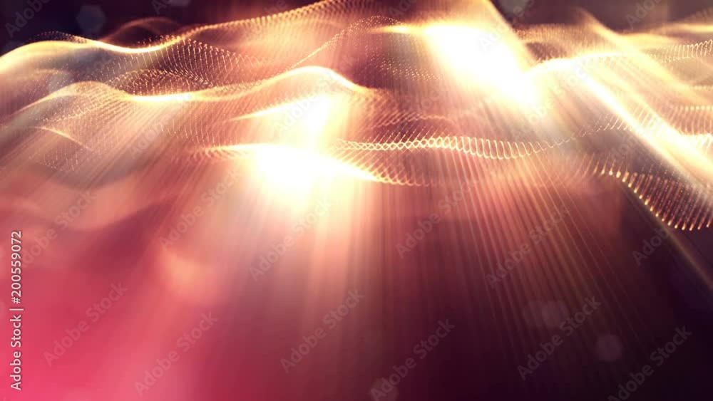 Poster 3d loop animation as science fiction background of glowing particles with depth of field and bokeh f