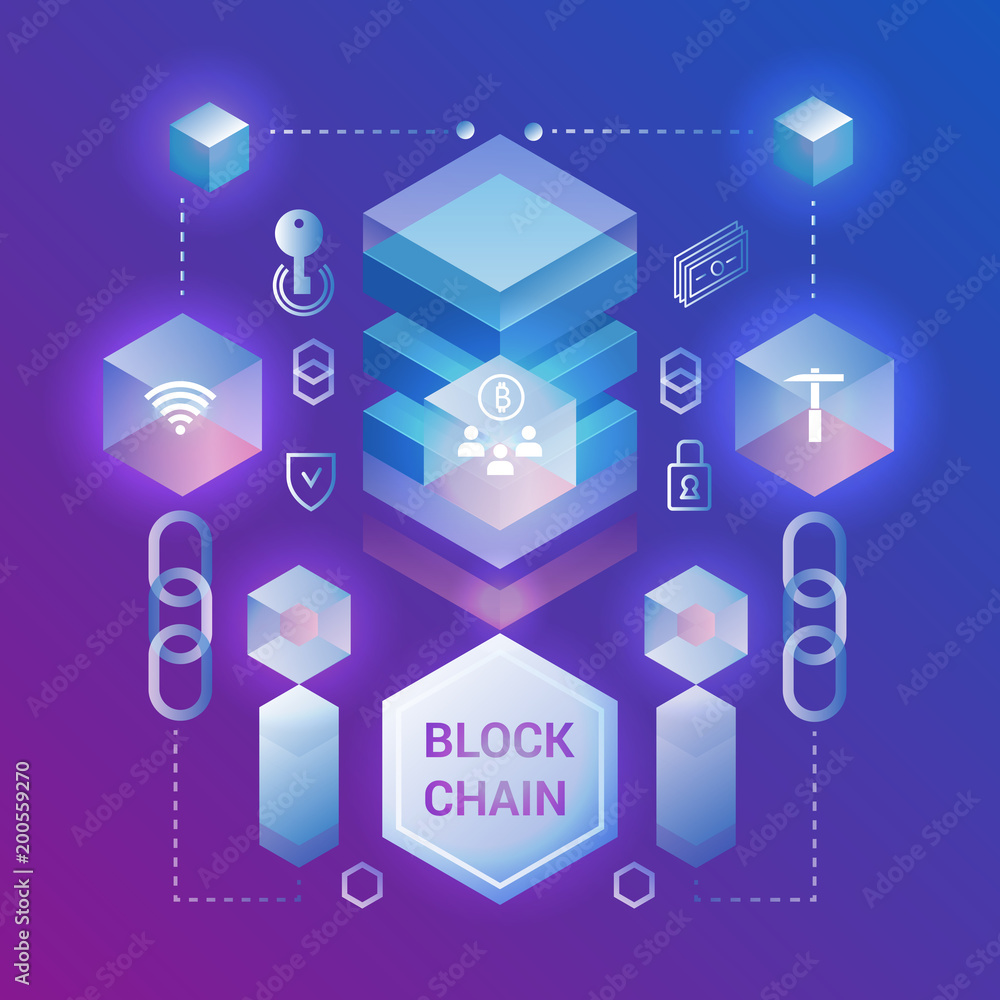Poster Cryptocurrency and blockchain isometric concept. Isometric vector illustration. Web design, presentation banner.