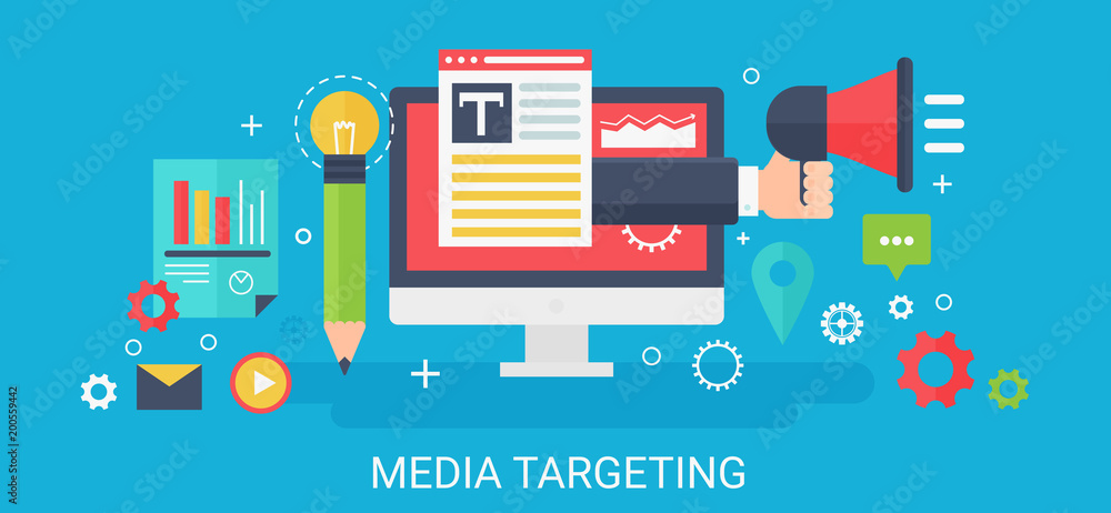Poster Flat modern vector concept Media targeting banner with icons and text.